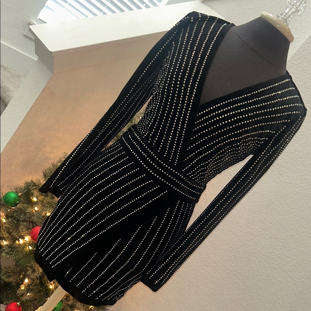 Xtaren Black Long Sleeve V-Neck Studded Wrap Dress